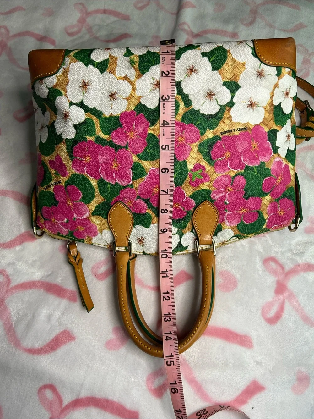 Dooney & Bourke Pink, White & Green Floral Satchel with Tan Trim